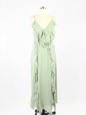 NWT ZARA Sea Green Chiffon Ruffle Cascading Long V-Neck Maxi Dress, Size L